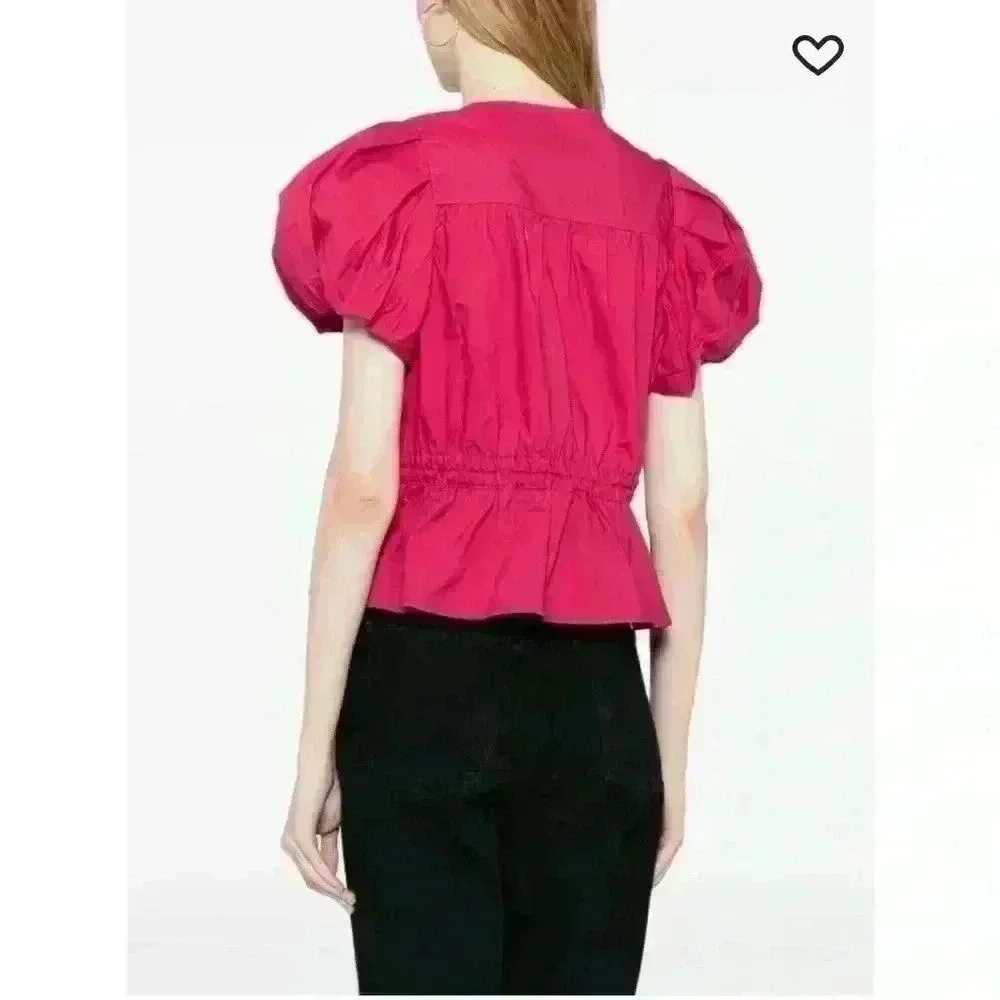 Ulla Johnson Peplum Hem Tie Magenta Puff Sleeves Cotton Blouse Size 00/0/2.